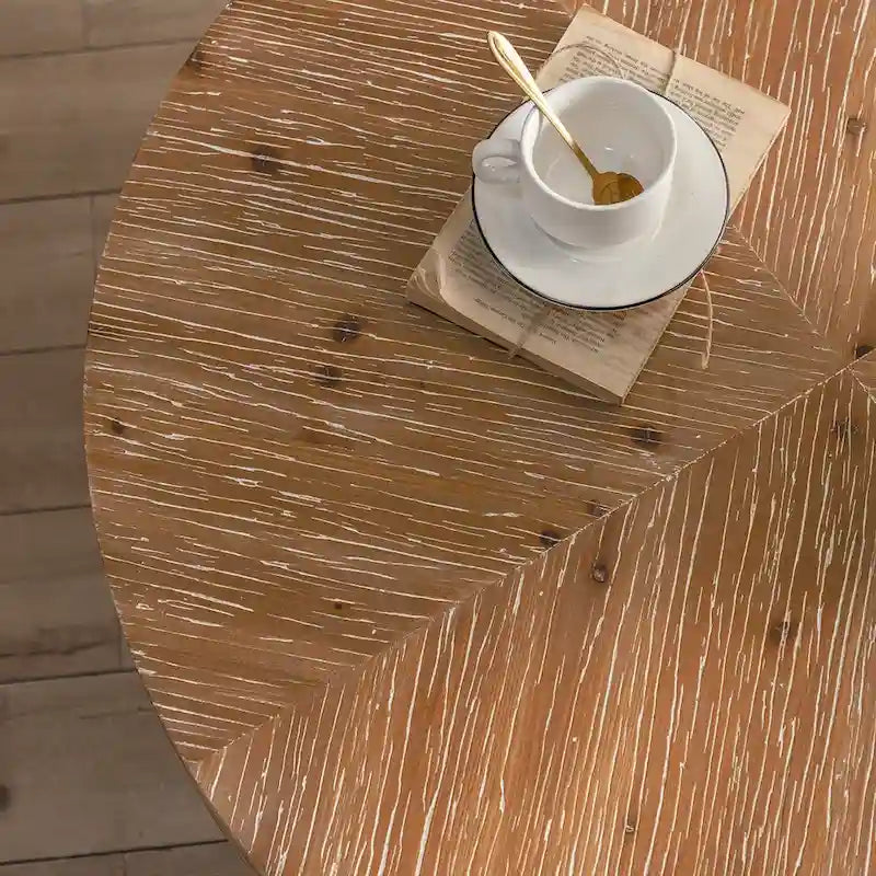 Table basse ronde rétro moderne à assemblage avec plateau en bois de sapin pied croisé doré, pour salon