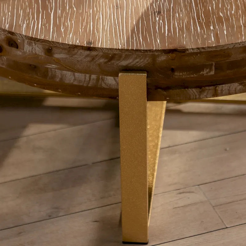 Table basse ronde rétro moderne à assemblage avec plateau en bois de sapin pied croisé doré, pour salon