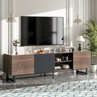 Meuble TV moderne avec 3 armoires et étagères ouvertes, meuble console multimédia pour TV jusqu'à 80 pouces, meuble de divertissement avec porte abattante