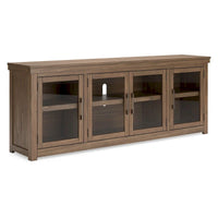 Meuble TV Olaf, 4 portes vitrées, étagères, bois marron 216 cm