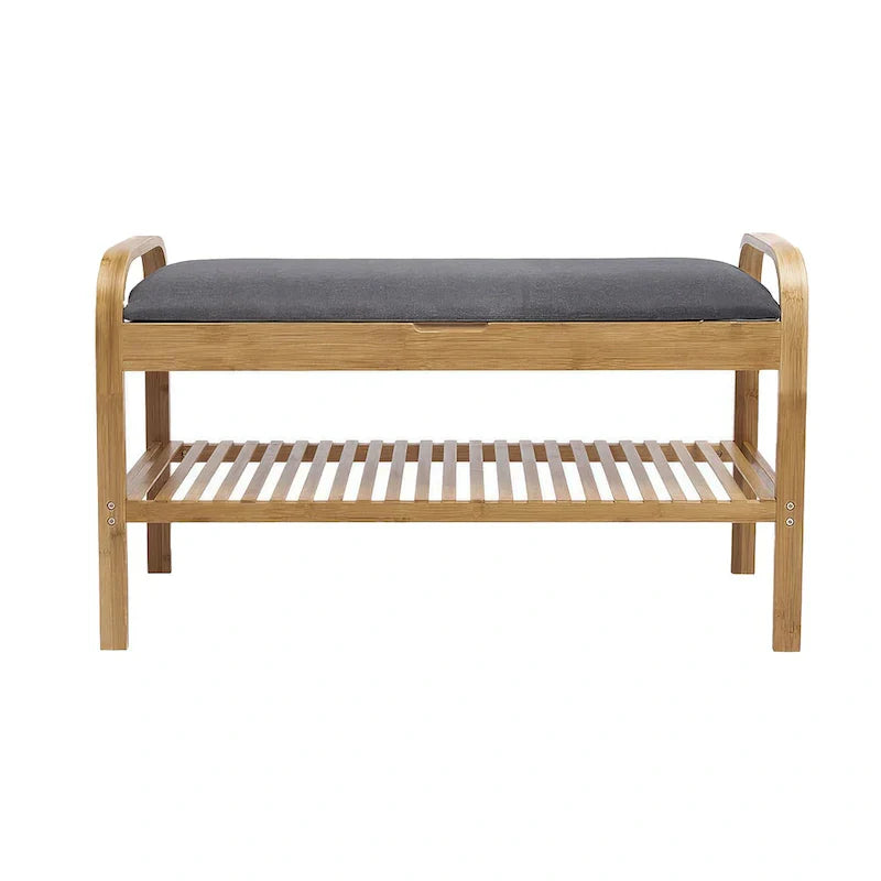Banc de rangement pour chaussures Mindy, siège en polyester gris, bambou marron noyer, 91 cm