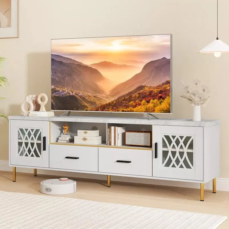 Meuble TV moderne en faux marbre de 180 cm pour téléviseurs de 80 pouces Blanc - 73 pouces