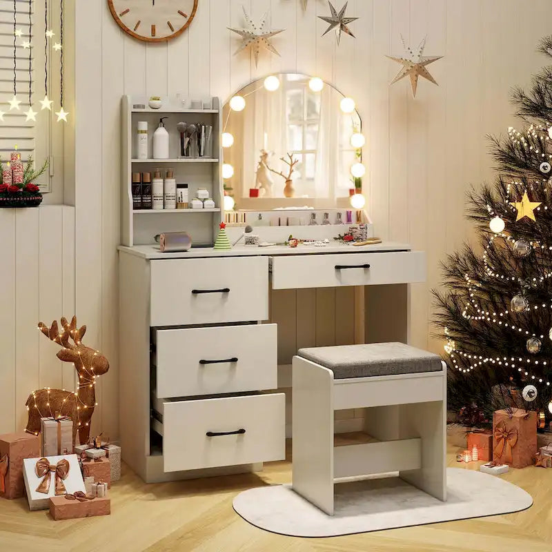Costway Ensemble coiffeuse avec miroir et lumières, table et chaise de maquillage 4 - Voir détails