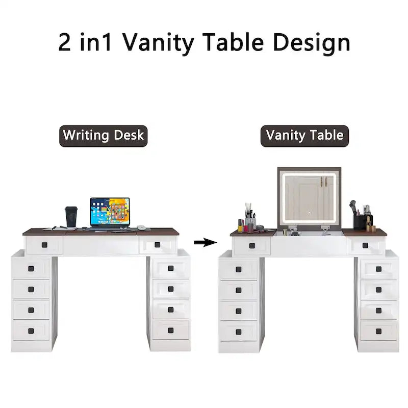 Coiffeuse bureau avec lumière LED variable, table de maquillage avec miroir rabattable, ensemble coiffeuse comprenant tabouret et tiroirs