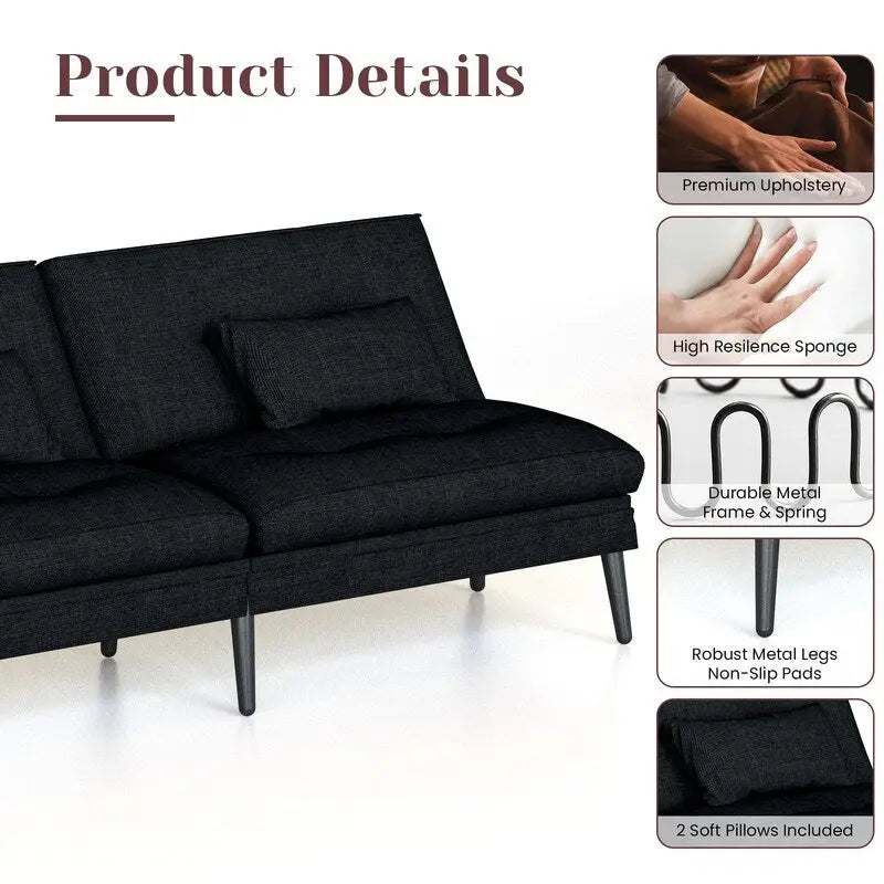 Canapé-lit futon convertible Grondin, dossier inclinable réglable à 5 angles avec 2 coussins, fauteuil de détente moderne