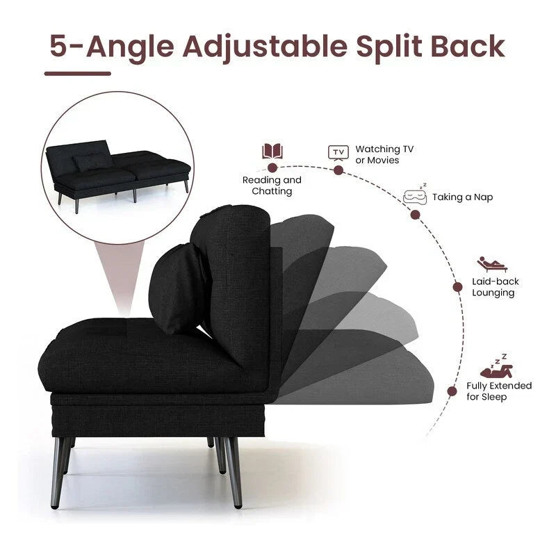 Canapé-lit futon convertible Grondin, dossier inclinable réglable à 5 angles avec 2 coussins, fauteuil de détente moderne