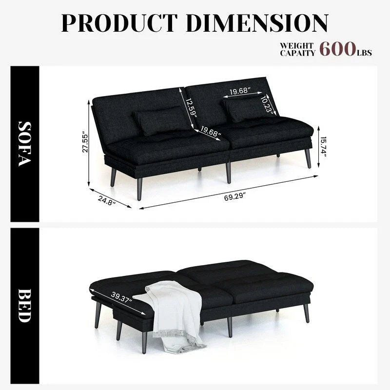 Canapé-lit futon convertible Grondin, dossier inclinable réglable à 5 angles avec 2 coussins, fauteuil de détente moderne