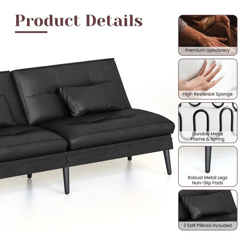 Canapé-lit futon convertible Grondin, dossier inclinable réglable à 5 angles avec 2 coussins, fauteuil de détente moderne