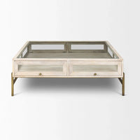HomeRoots 44 Table basse de rangement en bois massif, verre et fer, blanc cassé, transparent et or - 43,5" x 15" x 43,5"
