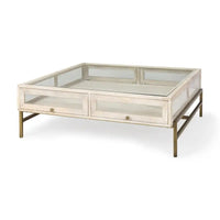 HomeRoots 44 Table basse de rangement en bois massif, verre et fer, blanc cassé, transparent et or - 43,5" x 15" x 43,5"