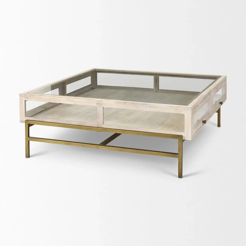 HomeRoots 44 Table basse de rangement en bois massif, verre et fer, blanc cassé, transparent et or - 43,5" x 15" x 43,5"