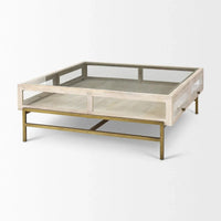 HomeRoots 44 Table basse de rangement en bois massif, verre et fer, blanc cassé, transparent et or - 43,5" x 15" x 43,5"