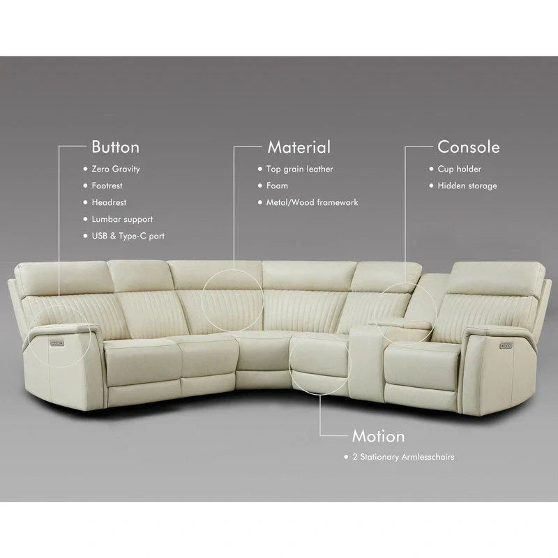 Ensemble Canapé Sectionnel Inclinable Électrique en Cuir Véritable 105 pouces de large avec Triple Motorisation Électrique, Console Unique, Ports USB et USB-C
