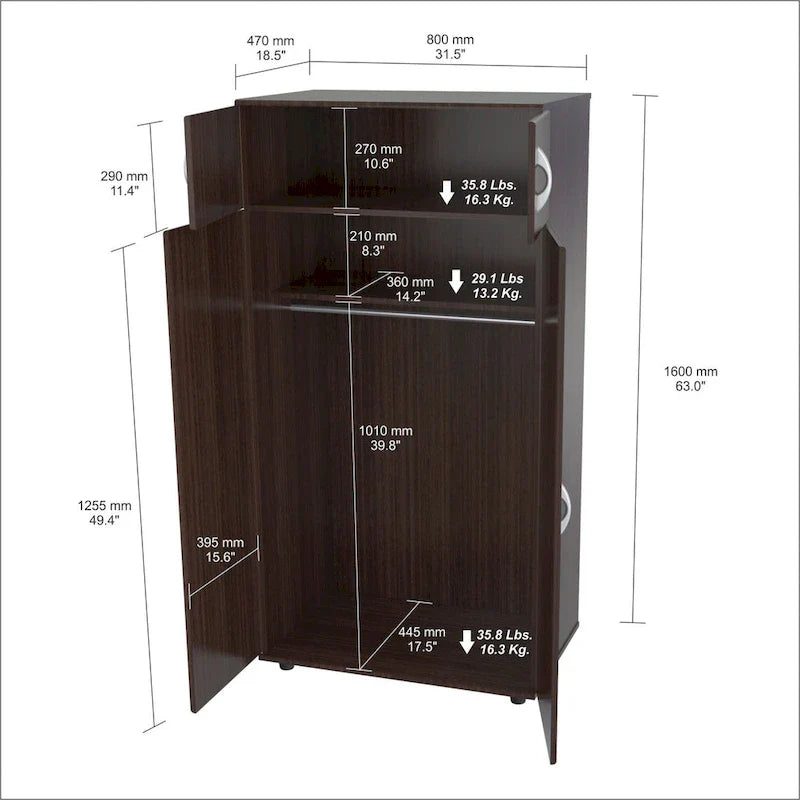 Commode combinée verticale contemporaine en mélamine espresso avec miroir et portes