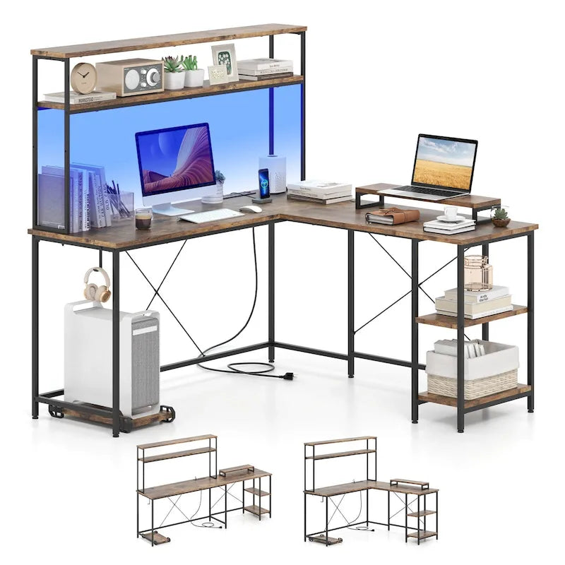 Bureau de jeu en L Costway avec bande LED, prises de courant et hutch - Voir détails