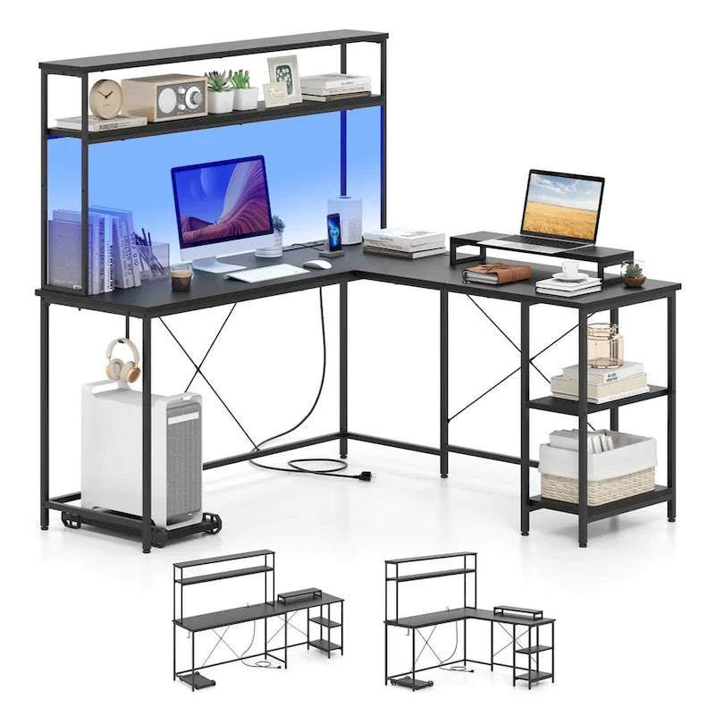 Bureau de jeu en L Costway avec bande LED, prises de courant et hutch - Voir détails