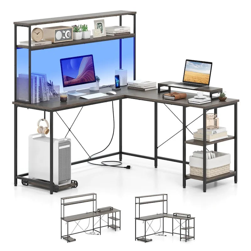 Bureau de jeu en L Costway avec bande LED, prises de courant et hutch - Voir détails