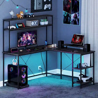 Bureau de jeu en L Costway avec bande LED, prises de courant et hutch - Voir détails