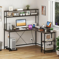 Bureau de jeu en L Costway avec bande LED, prises de courant et hutch - Voir détails