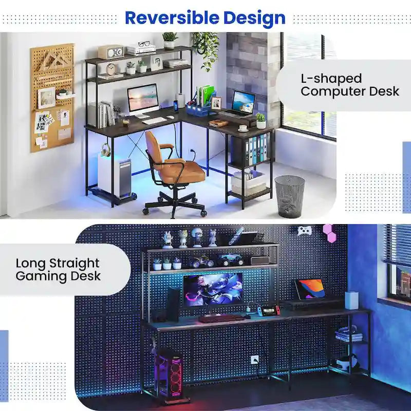 Bureau de jeu en L Costway avec bande LED, prises de courant et hutch - Voir détails