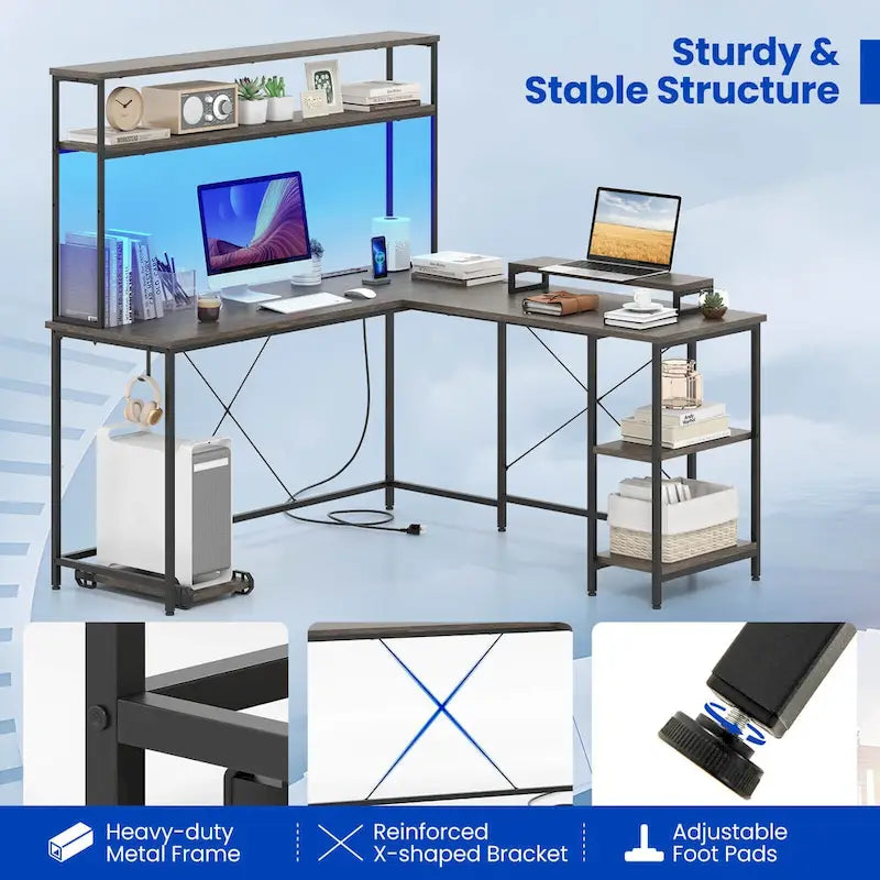 Bureau de jeu en L Costway avec bande LED, prises de courant et hutch - Voir détails