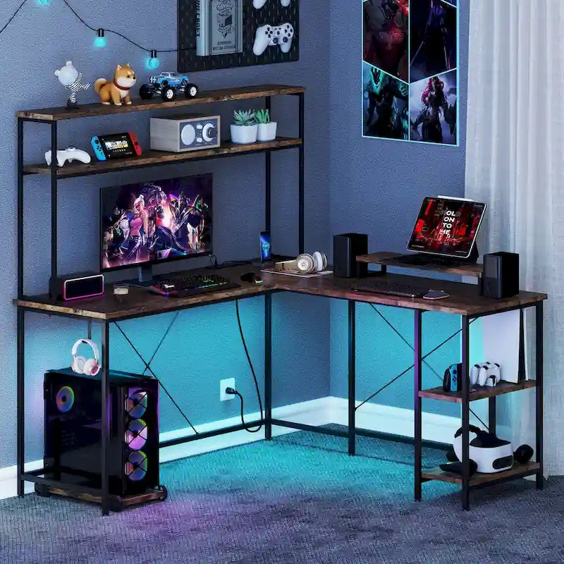 Bureau de jeu en L Costway avec bande LED, prises de courant et hutch - Voir détails