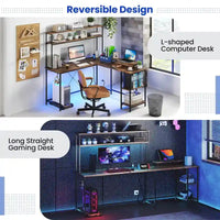 Bureau de jeu en L Costway avec bande LED, prises de courant et hutch - Voir détails