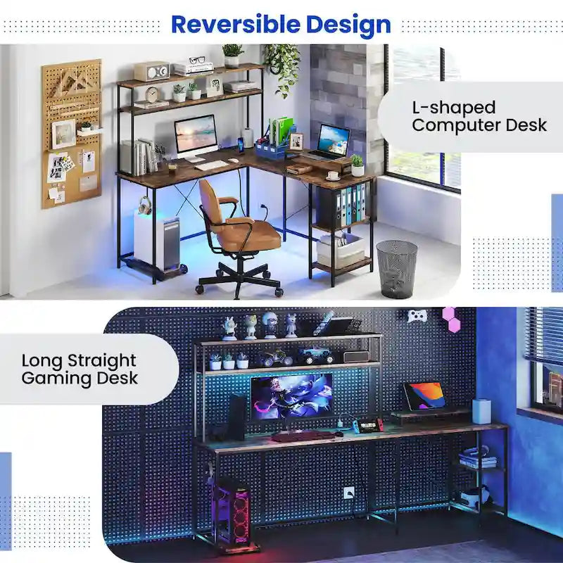 Bureau de jeu en L Costway avec bande LED, prises de courant et hutch - Voir détails