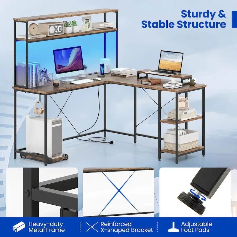 Bureau de jeu en L Costway avec bande LED, prises de courant et hutch - Voir détails