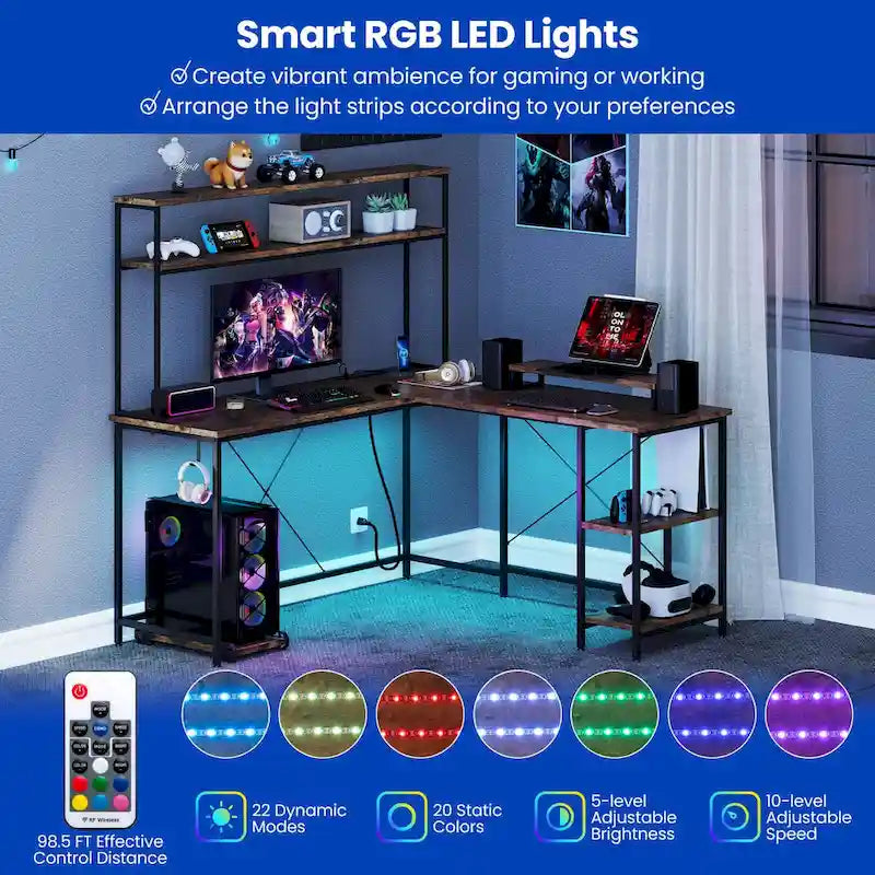 Bureau de jeu en L Costway avec bande LED, prises de courant et hutch - Voir détails