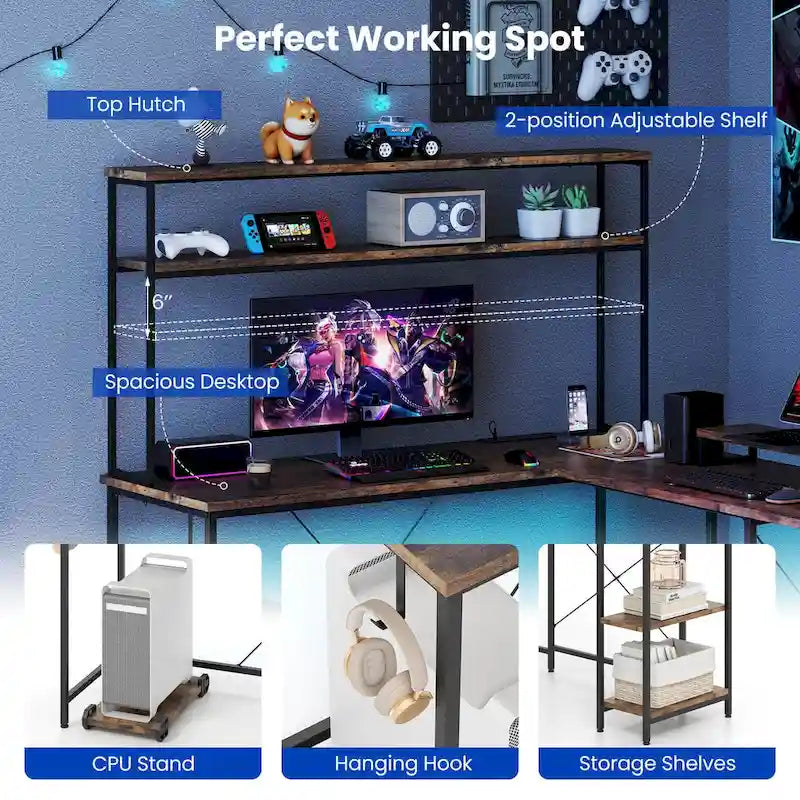 Bureau de jeu en L Costway avec bande LED, prises de courant et hutch - Voir détails
