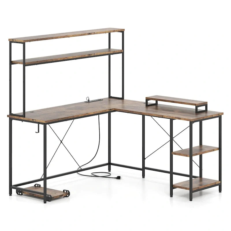 Bureau de jeu en L Costway avec bande LED, prises de courant et hutch - Voir détails