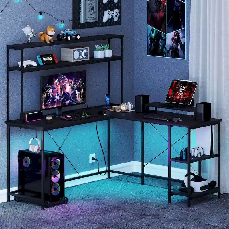 Bureau de jeu en L Costway avec bande LED, prises de courant et hutch - Voir détails