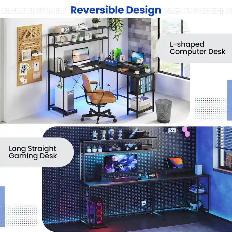 Bureau de jeu en L Costway avec bande LED, prises de courant et hutch - Voir détails