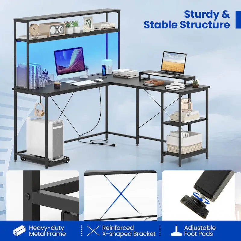 Bureau de jeu en L Costway avec bande LED, prises de courant et hutch - Voir détails