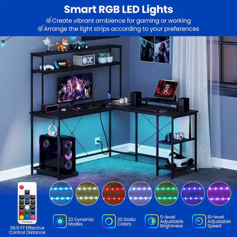 Bureau de jeu en L Costway avec bande LED, prises de courant et hutch - Voir détails