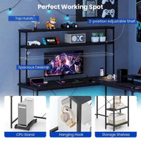 Bureau de jeu en L Costway avec bande LED, prises de courant et hutch - Voir détails