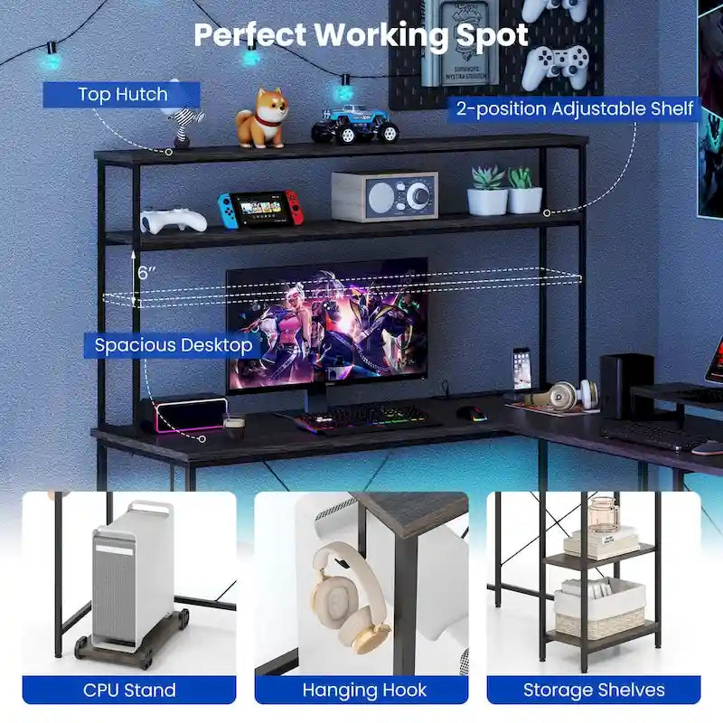 Bureau de jeu en L Costway avec bande LED, prises de courant et hutch - Voir détails