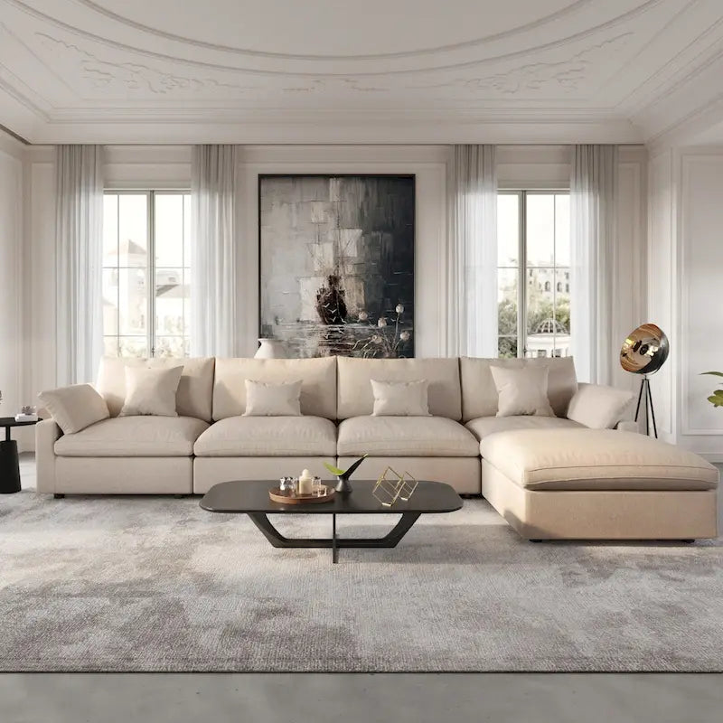 Canapé sectionnel modulable nuage avec ottoman, canapé sectionnel minimaliste en forme de L en mélange de lin pour salon, kaki