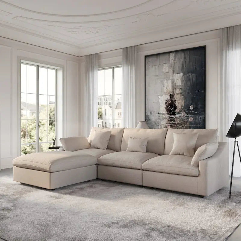 Canapé sectionnel modulable nuage avec ottoman, canapé sectionnel minimaliste en forme de L en mélange de lin pour salon, kaki