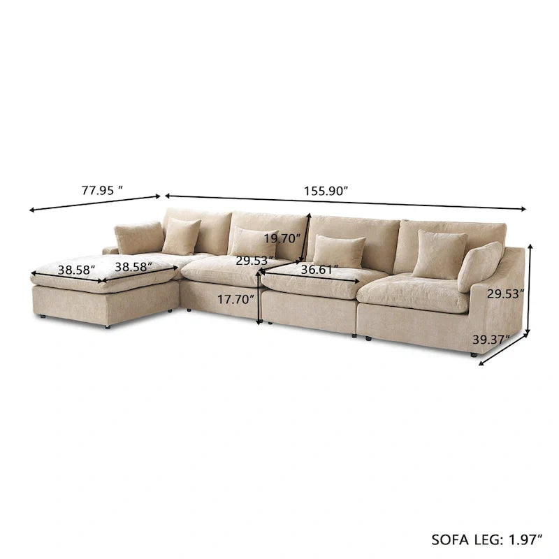 Canapé sectionnel modulable nuage avec ottoman, canapé sectionnel minimaliste en forme de L en mélange de lin pour salon, kaki