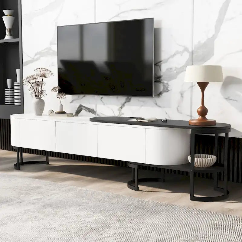 Meuble TV rétractable moderne noir et blanc avec 3 tiroirs et pieds métalliques réglables pour salon et chambre