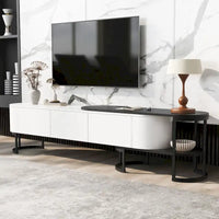 Meuble TV rétractable moderne noir et blanc avec 3 tiroirs et pieds métalliques réglables pour salon et chambre
