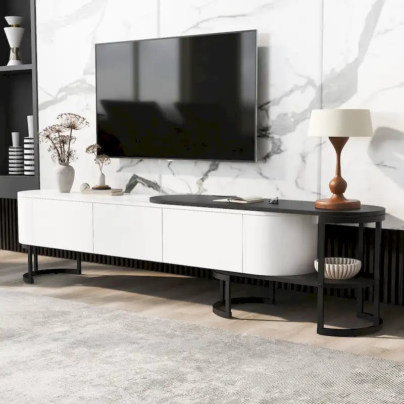 Meuble TV rétractable moderne noir et blanc avec 3 tiroirs et pieds métalliques réglables pour salon et chambre