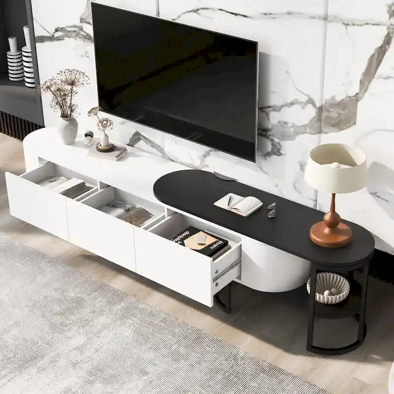 Meuble TV rétractable moderne noir et blanc avec 3 tiroirs et pieds métalliques réglables pour salon et chambre