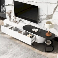 Meuble TV rétractable moderne noir et blanc avec 3 tiroirs et pieds métalliques réglables pour salon et chambre