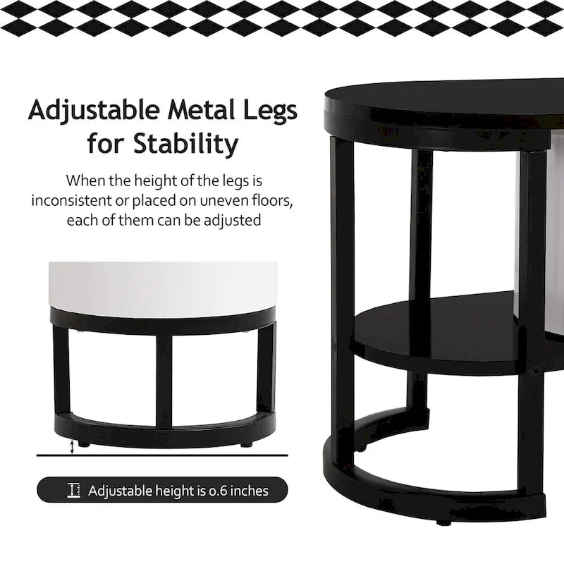 Meuble TV rétractable moderne noir et blanc avec 3 tiroirs et pieds métalliques réglables pour salon et chambre