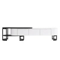 Meuble TV rétractable moderne noir et blanc avec 3 tiroirs et pieds métalliques réglables pour salon et chambre