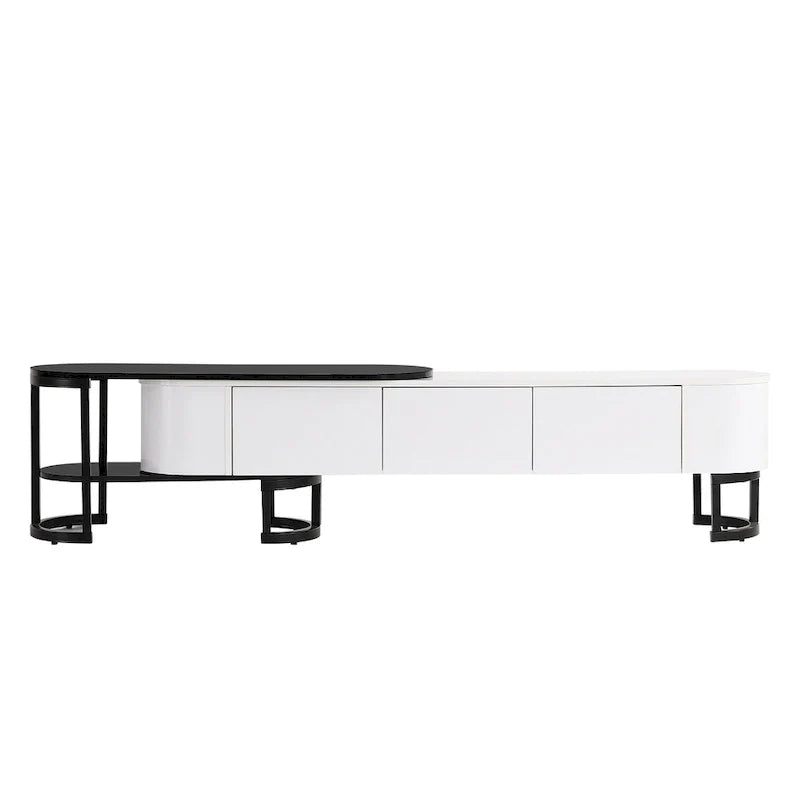 Meuble TV rétractable moderne noir et blanc avec 3 tiroirs et pieds métalliques réglables pour salon et chambre