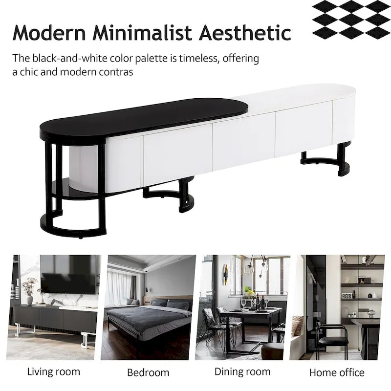 Meuble TV rétractable moderne noir et blanc avec 3 tiroirs et pieds métalliques réglables pour salon et chambre